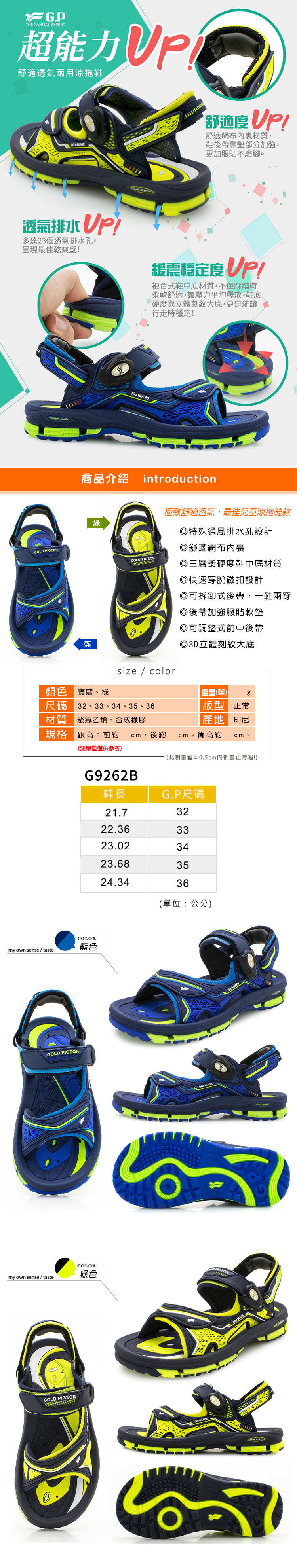 童鞋．阿亮代言G.P超能舒適透氣兩用兒童涼鞋．寶藍/綠【鞋鞋俱樂部】【255-G9262B】