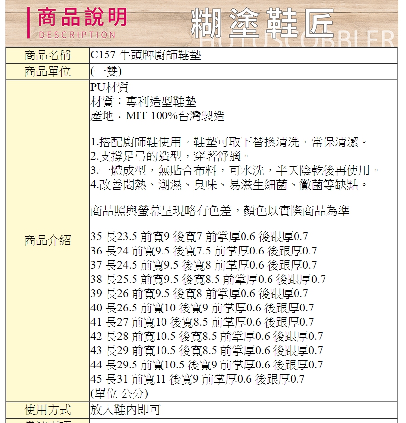 MIT台灣製牛頭牌廚師鞋墊．15種尺寸【鞋鞋俱樂部】【906-C157】