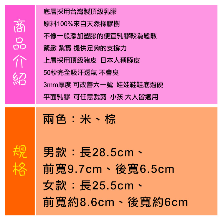 鞋墊．台灣製造．3mm乳膠豚皮鞋墊．真皮吸汗透氣．2色 米/棕．2款 男/女【鞋鞋俱樂部】【906-C26】