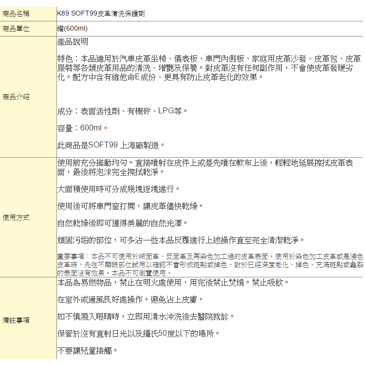 清潔劑．日本SOFT99皮革清洗保護劑．清洗 增艷 保養．600ml一瓶【鞋鞋俱樂部】【906-K89】